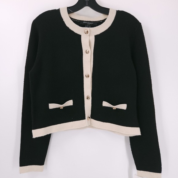 French Connection Vhari Contrast Trim Black Cream Cardigan Sweater Womens M - Picture 2 of 11